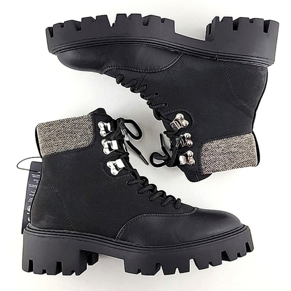 ONLY Betty Women's Black Lace-Up Faux Leather Ankle Boots  Chunky Soles Size 37 - Picture 1 of 15